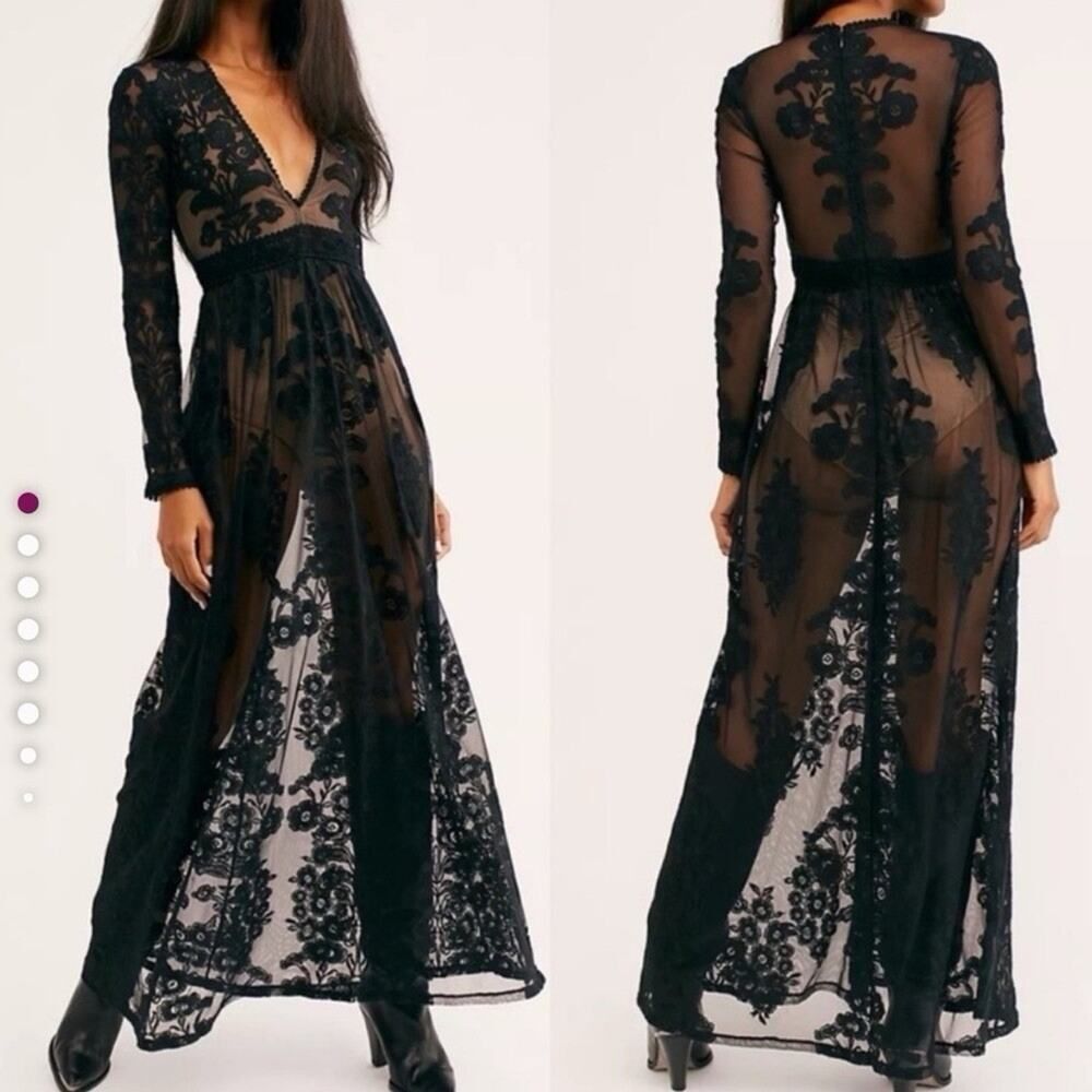 NWT For Love & Lemons Temecula Maxi Dress Black Lace Sheer XS Free People